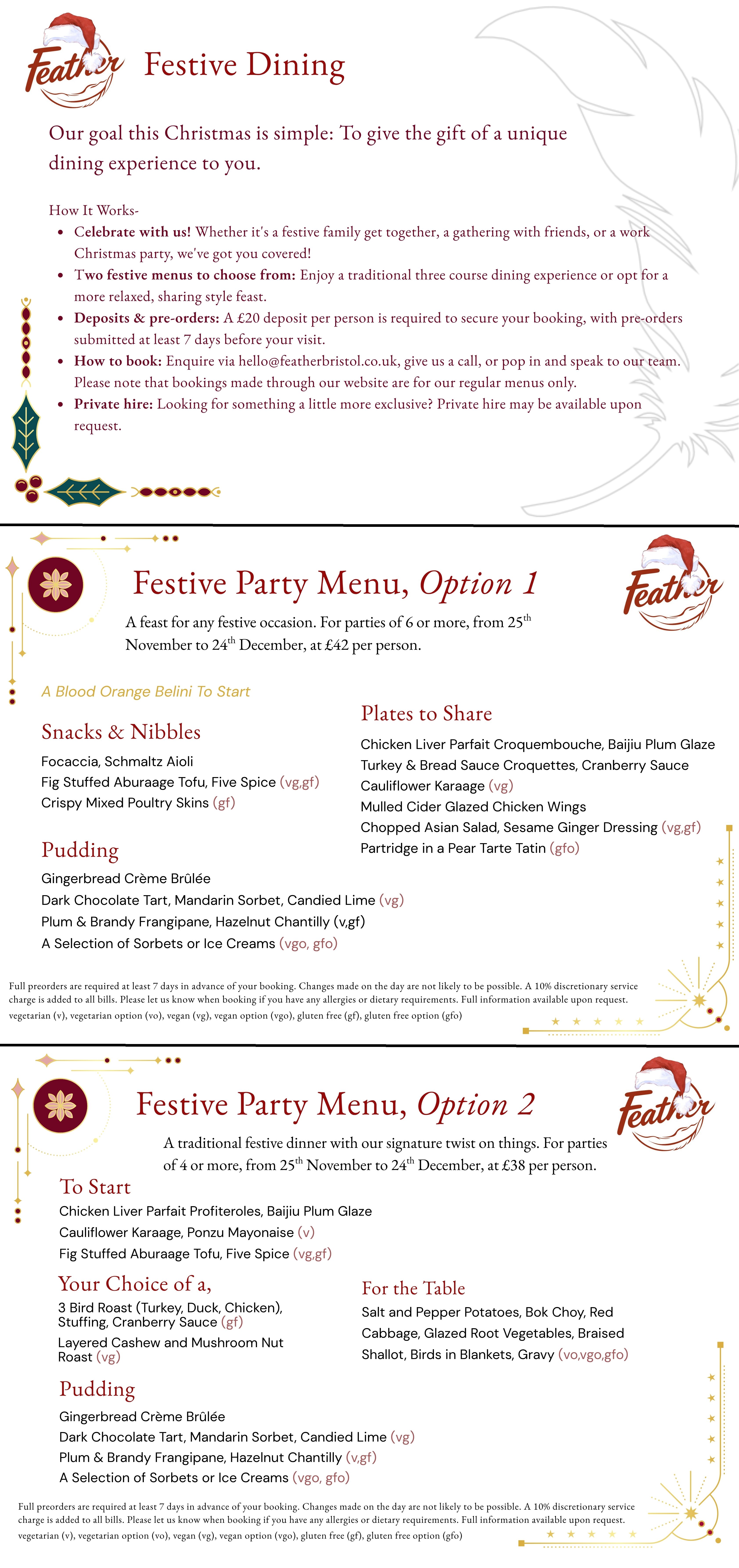 Feather Christmas menu: snacks, small plates, main plates, Chicken Shop by Feather, sides and desserts.