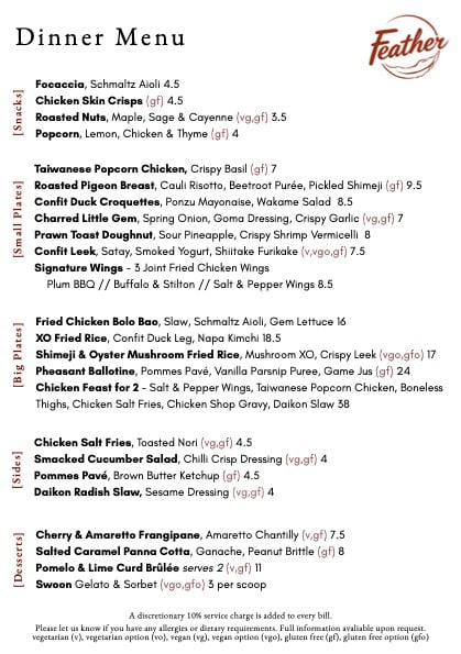Feather dinner menu: snacks, small plates, main plates, Chicken Shop by Feather, sides and desserts.