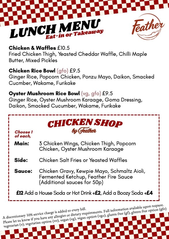 Feather lunchtime specials: a plate and a drink for &pound;10, and a sharing deal for two.
