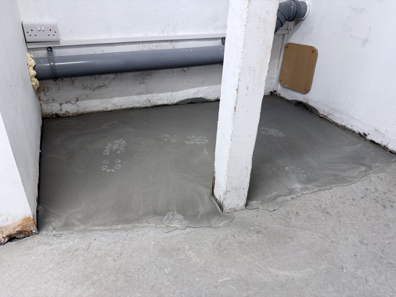 A fresh concrete screed poured across the back-of-house floor.